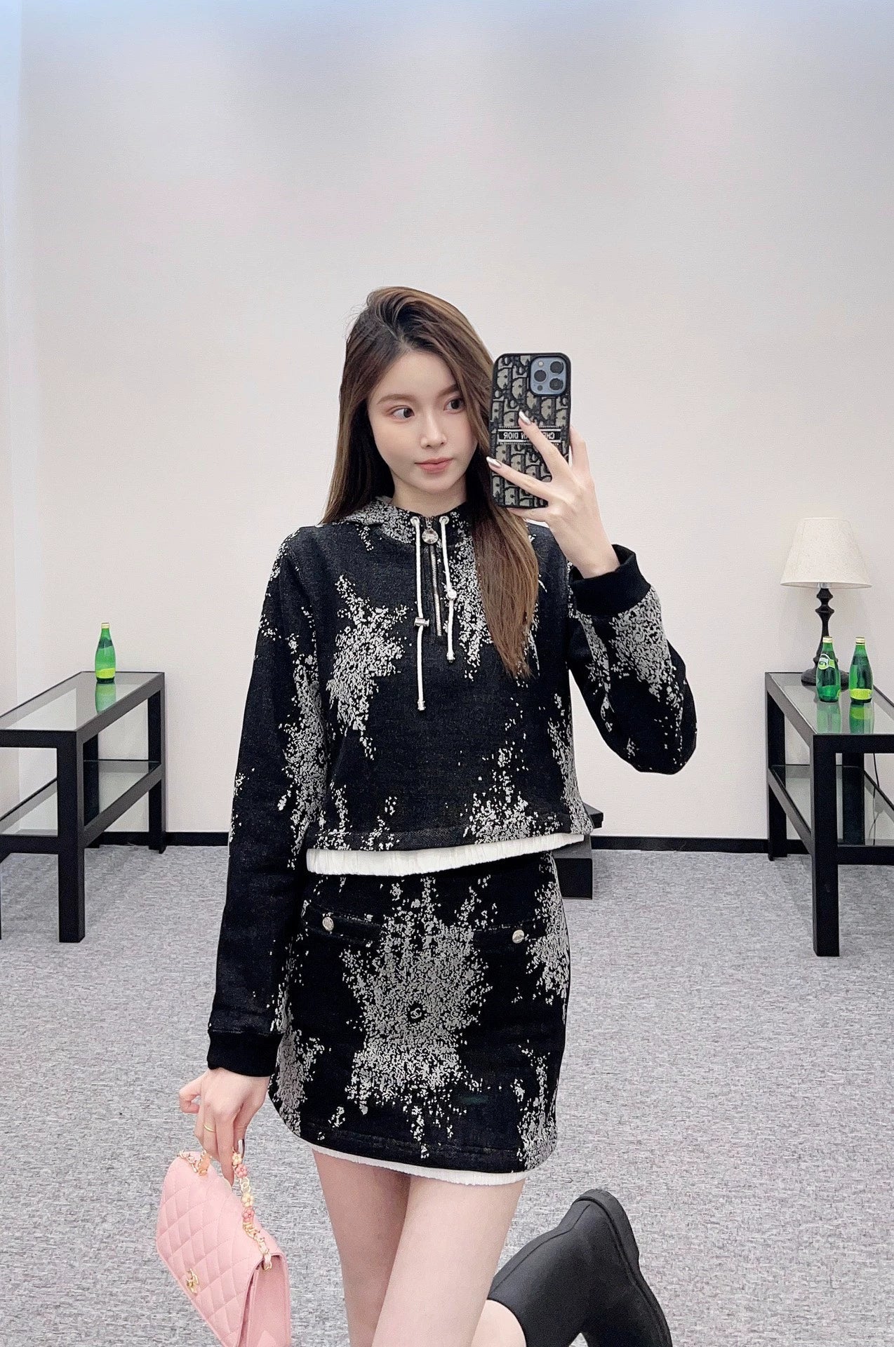 25fw new hooded printed sweatshirt skirt suit