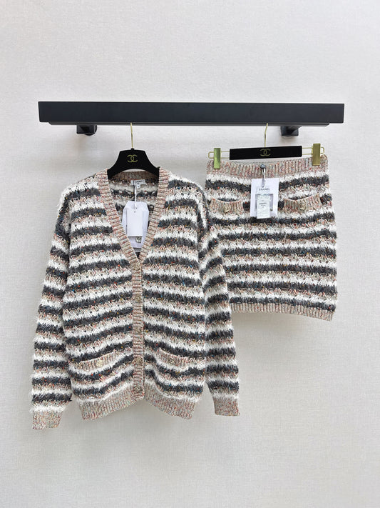 25fw new striped knitted cardigan + hip skirt suit