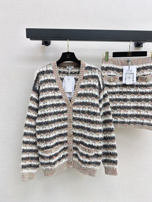 25fw new striped knitted cardigan + hip skirt suit